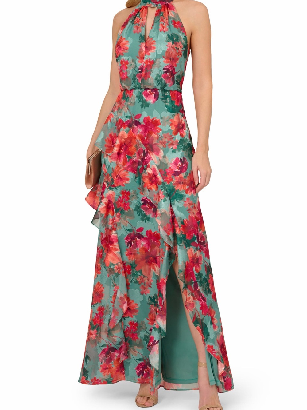 Adrianna Papell Teal Maxi Dress with Coral Floral Print